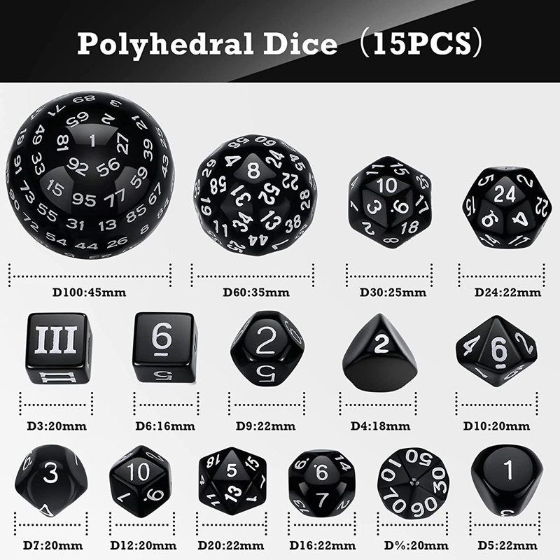 Bộ 15 Xí Ngầu Hoàn Chỉnh Polyhedral DND D3-D100 Hình Cầu RPG 100 Mặt Dùng Chơi Trò Chơi