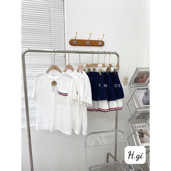 Set Bộ Thom Browne áo thun chân váy dập ly viền so hot