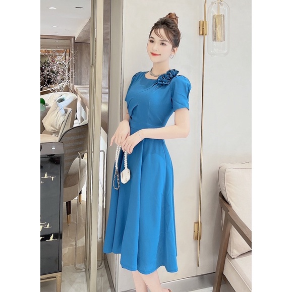 Đầm/váy công sở dáng xoè nơ đôi trái hoa mẫu đơn màu xanh dương sáng