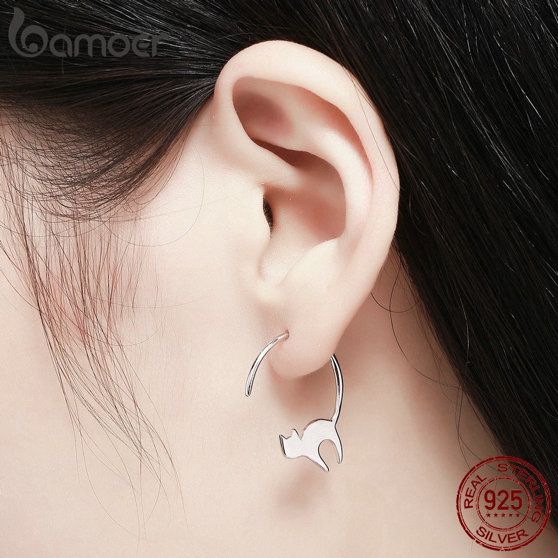 Đôi Bông Tai Bamoer Bằng Bạc S925 bạch Kim Hình Mèo Xinh Xắn Cho Nữ