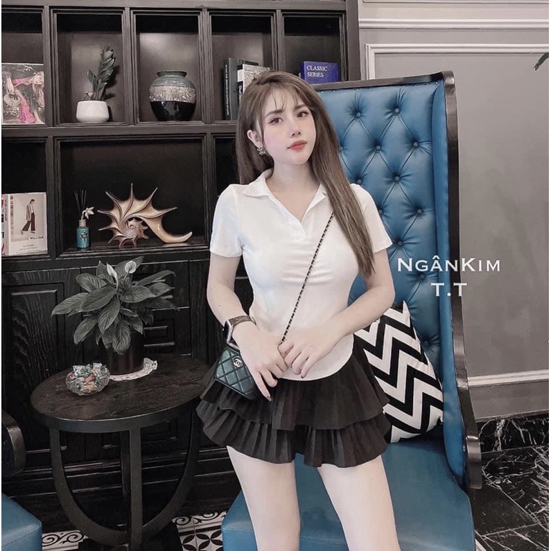 Áo croptop polo bo eo vạt bầu tay cộc Michi siêu tôn dáng, áo cổ Đức vạt bầu chất thun lạnh