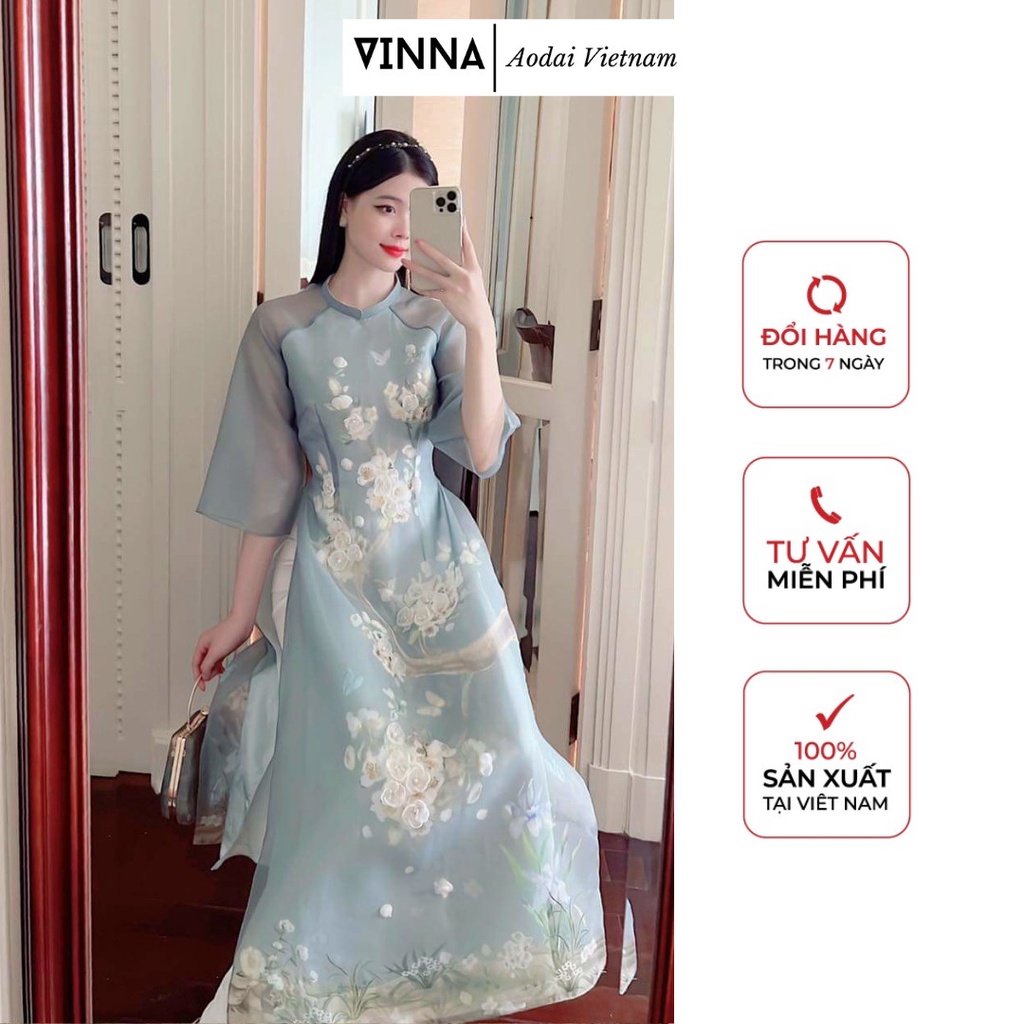 Áo dài cách tân tơ Xanh Ngọc Đào với hoạ tiết kết đính sang trọng nổi bật tiểu thư dành cho sự kiện đi chơi chụp ảnh