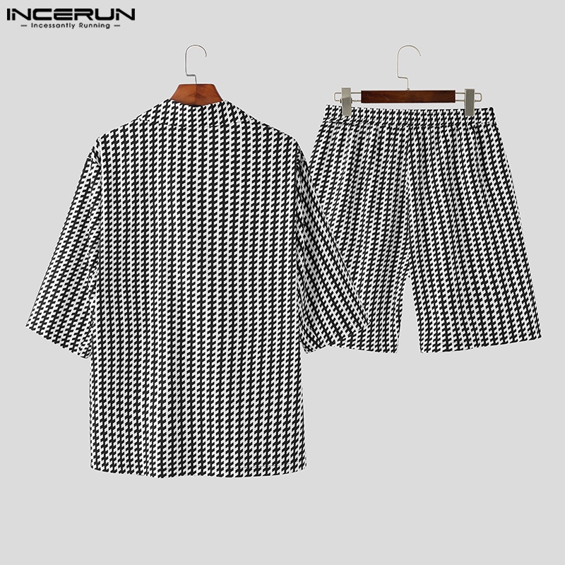 Set INCERUN áo khoác blazer ngắn tay + quần short họa tiết ca rô cá tính dành cho nam