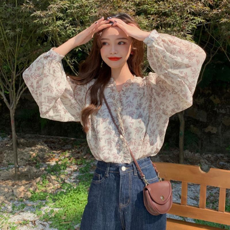 Áo Sơ Mi Voan Tay Dài Cổ V Họa Tiết Hoa Thời Trang Xuân Thu 2021 Cho Nữ