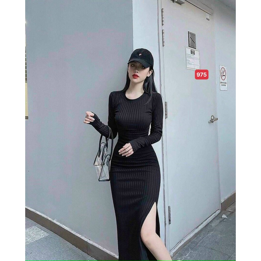 Váy body dài tay, chất thun gân ,váy ôm body xẻ tà mới 2021,hack dáng tôn màu da, Free size từ 38 đến 58kg