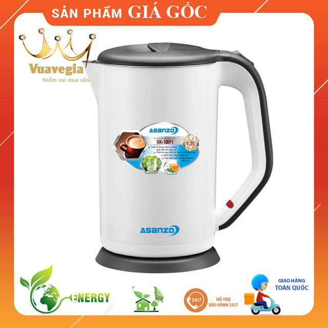 Ấm Đun Siêu Tốc 2 lớp cao cấp Asanzo SK-18P1 - 1.7L Trắng