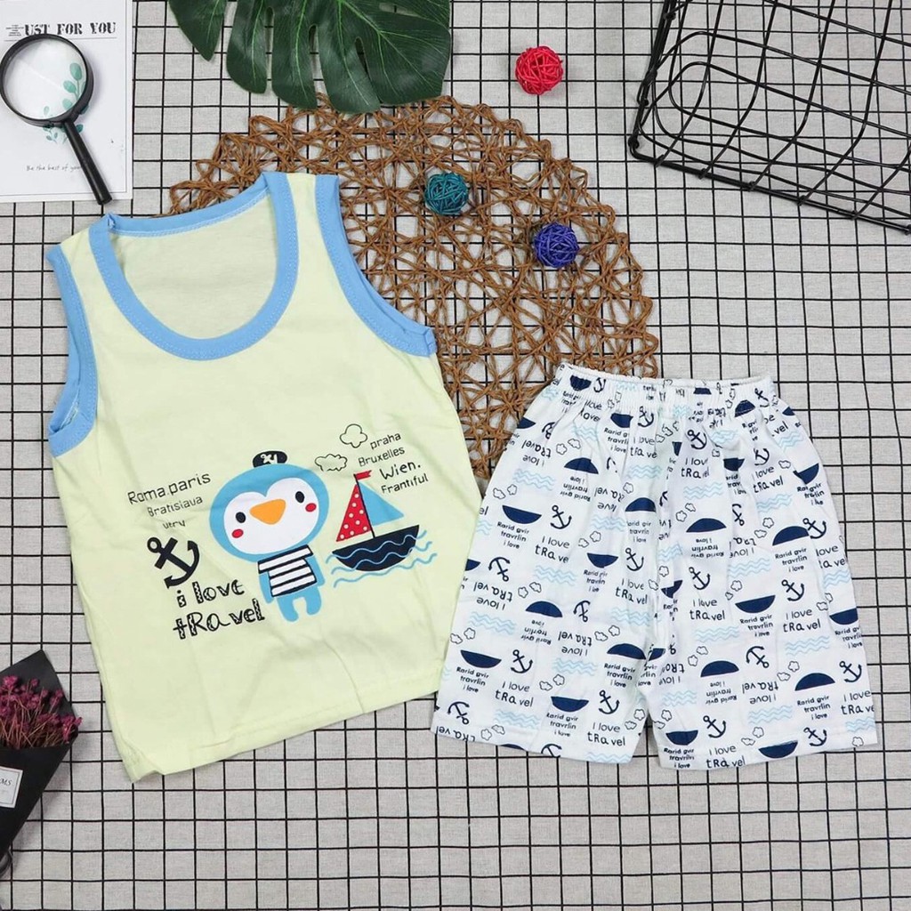 Bộ thun cotton sát nách bé trai chim cánh cụt mỏ neo