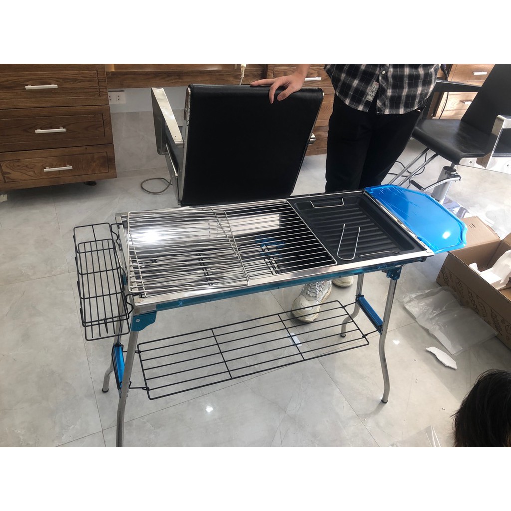 Bếp nướng BBQ Bếp nướng than hoa ngoài trời có thể gấp gọn Chất liệu inox không gỉ chân cao kèm phụ kiện