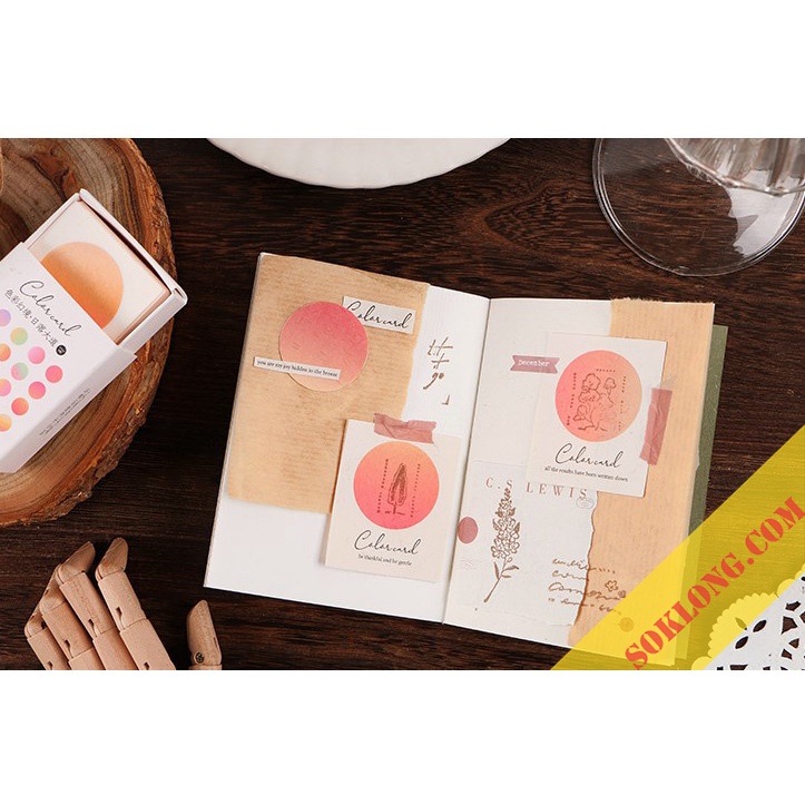 Hộp 40 tờ sticker kèm ghi chú Color card khung nền đóng dấu, viết chữ trang trí bullet journal Tuệ Minh NO07