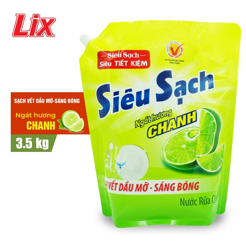 Nước rửa chén LIX 3.5KG siêu sạch hương chanh loại túi N4301 làm sạch vết bẩn dầu mỡ không hại da tay