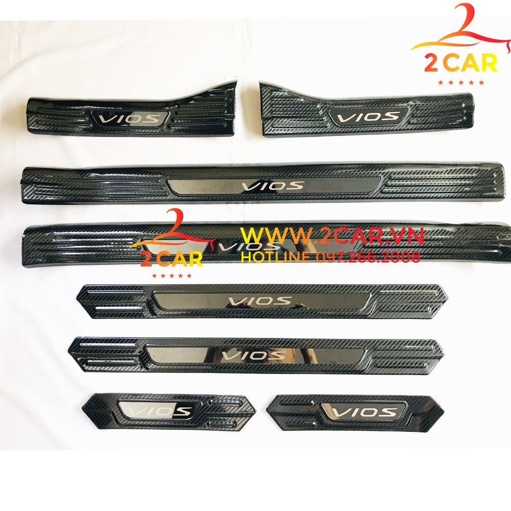 Ốp bậc cửa, nẹp bước chân trong, ngoài CARBON xe Vios 2019- 2022, 2023 vân CACBON cao cấp