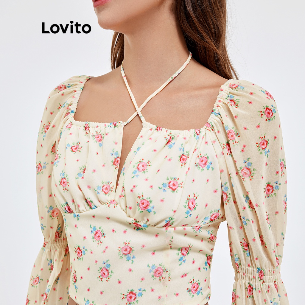 Áo kiểu Lovito họa tiết hoa nhí tay áo Virago phong cách dễ thương L25AD104 (màu trắng ngà)