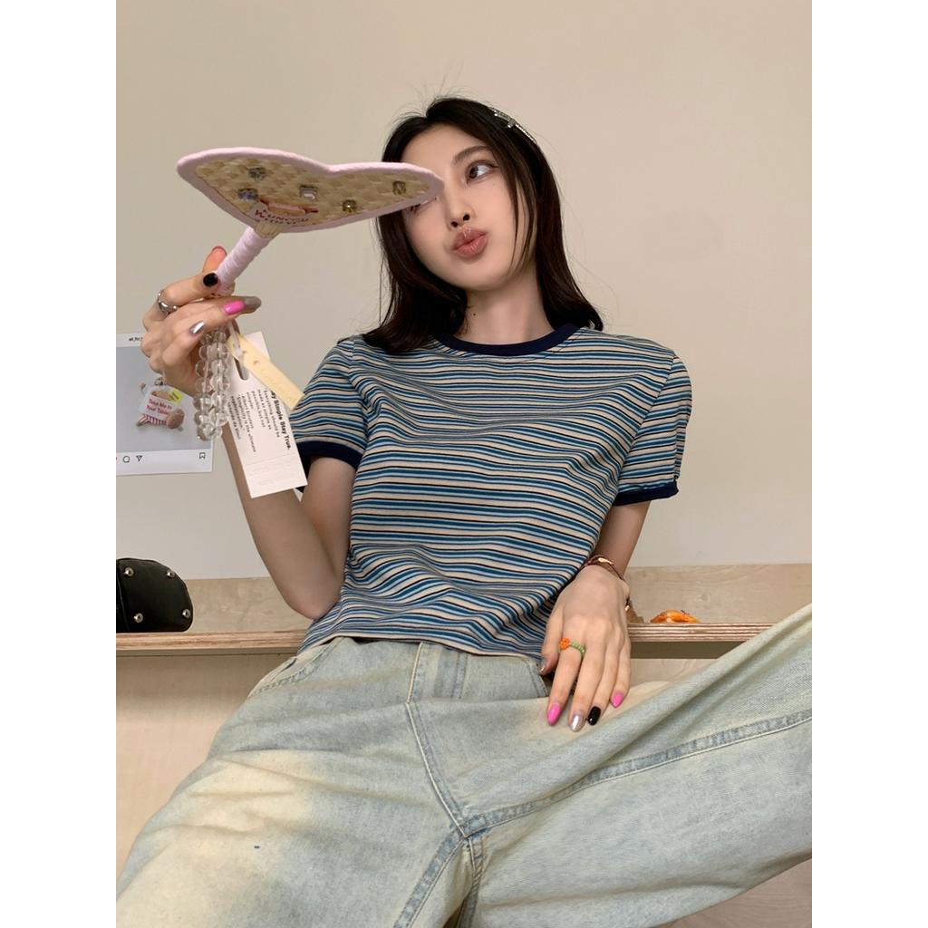 Áo Thun Nữ Cổ Tròn Ngắn Tay Kẻ Sọc Phong Cách Mới Mùa Hè 63099
