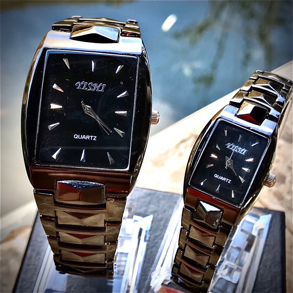 Đồng hồ thời trang nam nữ Yishi mặt chữ nhật dây kim loại đen cực đẹp QA933