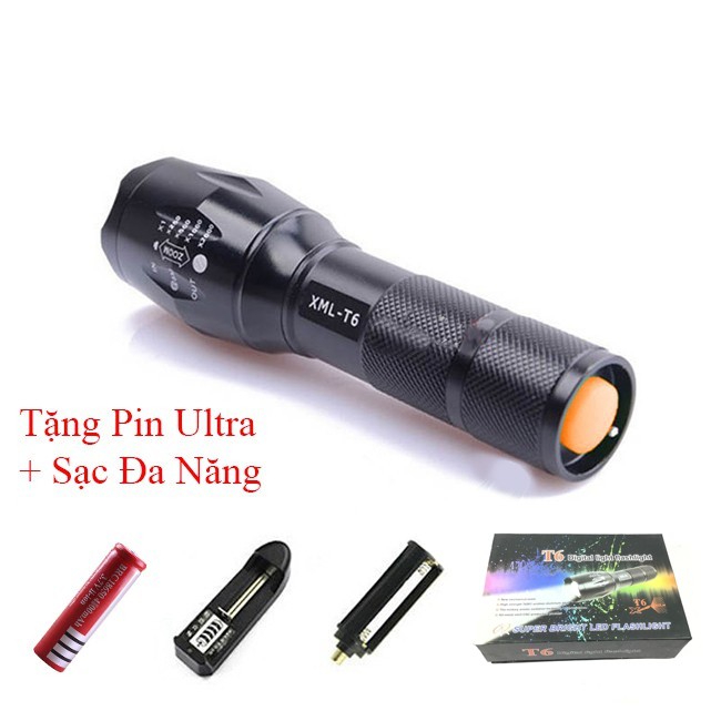 Đèn Pin Siêu Sáng Cầm Tay Chip Q5 - XML6 (Tặng Pin + Sạc + Hộp Chất) - Hợp Kim Chống Nước, Độ Sáng Mạnh Chiếu Xa