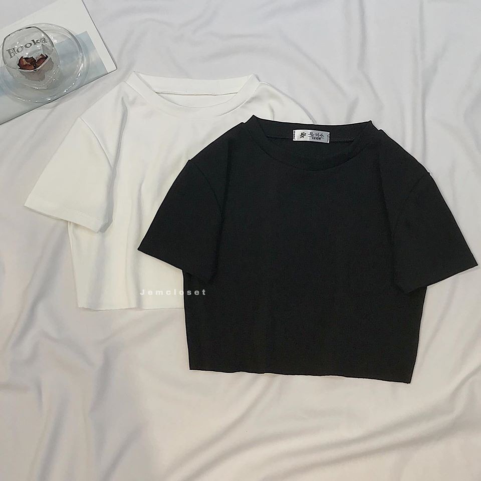 Áo Croptop Basic Nữ JEMCLOSET Form Rộng Áo Thun Ngắn OOD Kiểu Dáng Croptop Hai Màu Đen Trắng Trơn Đơn Giản 1504