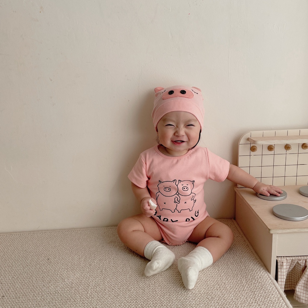 Bộ Áo Liền Quần Tay Ngắn Hình Heo Dễ Thương + Nón Thời Trang Mùa Hè Cho Bé