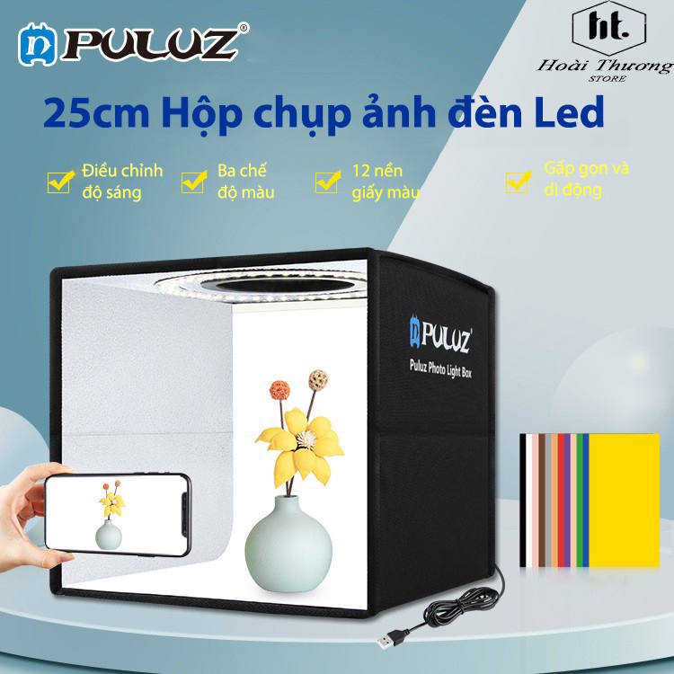 Hộp Chụp Hình Ảnh Sản Phẩm PULUZ 25x25 cm có 3 Màu Đèn Led Siêu Sáng + Tặng kèm 6 phông nền [ Chính hãng ]