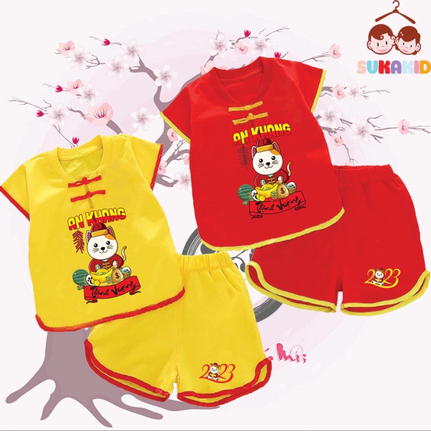 Gía sỉ Combo 2 Bộ quần áo tết hình mèo an khang thịnh vượn bé nút tàu tết bé từ 6kg-29kg.NT08.