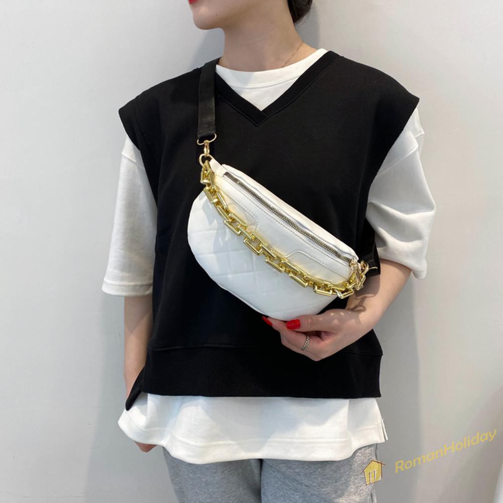 【On Sale】Vintage Women Pure Color PU Waist Chest Crossbody Bag Thick Chain Handbag