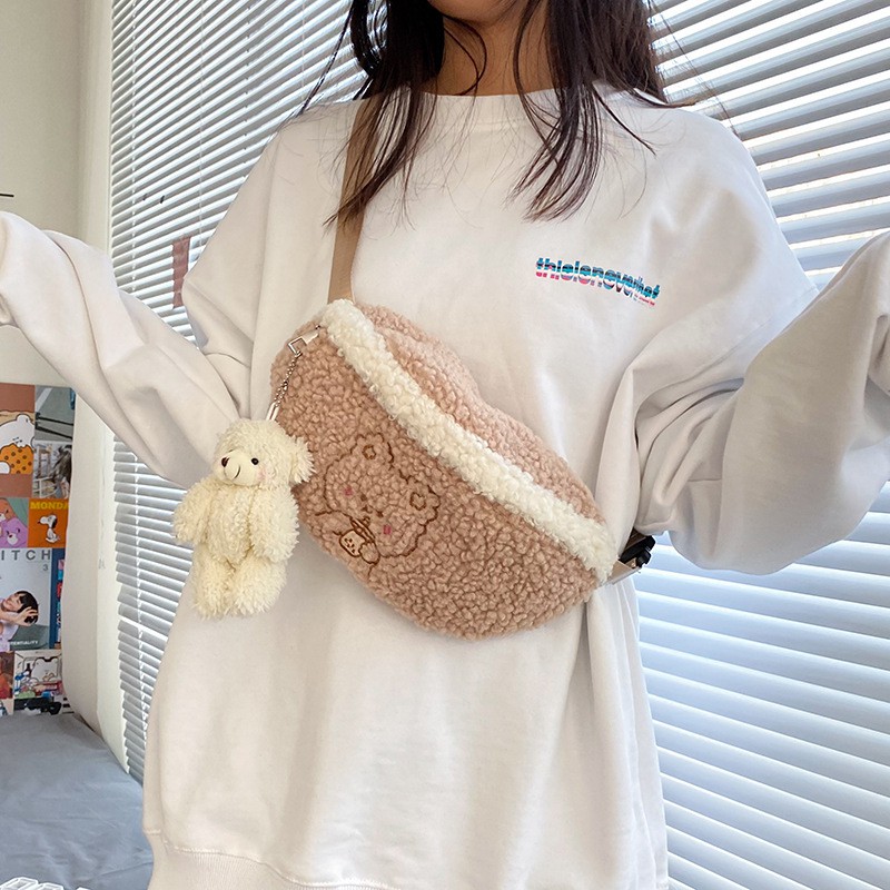 Túi Đeo Chéo Ngực Vải Len Lông Cừu Họa Tiết Gấu Hoạt Hình Kiểu Nhật Bản Dễ Thương