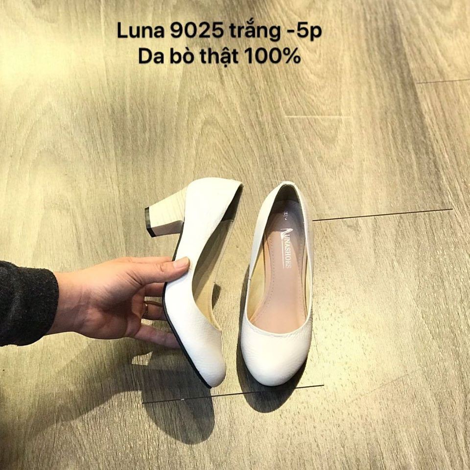 Giày cao gót da bò thật nữ cao 5p LUNASHOES 9025 giầy cho mẹ mềm êm chân guốc màu đen nâu trắng bảo hành 2 năm