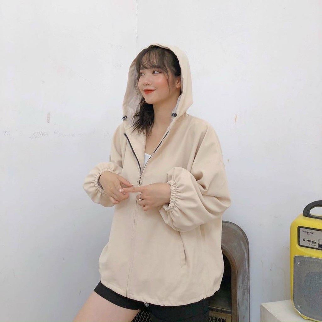 ÁO KHOÁC RoundLock Tay Bồng Nữ BASIC :cherry_blossom: Jacket Kaki khóa tròn form rộng bigsize màu ĐEN | BE - NÂU Ulzzang