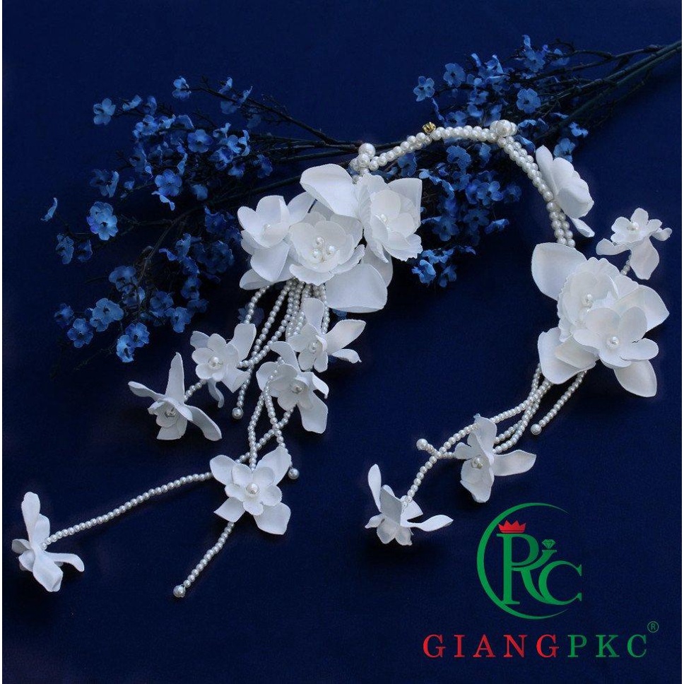 Cài tóc cô dâu hoa trắng dây hạt trai 9-2022 Giangpkc  Phụ kiện cưới Giang