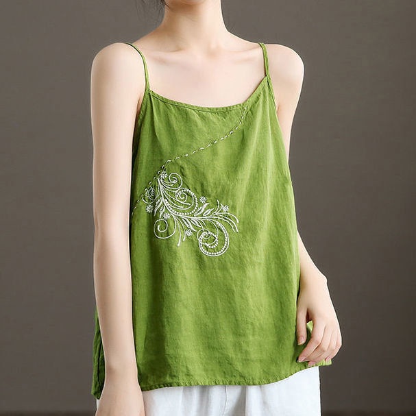 Áo hai dây cotton lanh giả form rộng thêu họa tiết thời trang 2022