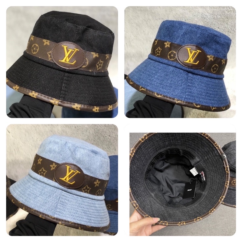 Non bucket nam nữ, bo cụp jeans mềm, viền da in logo L unisex