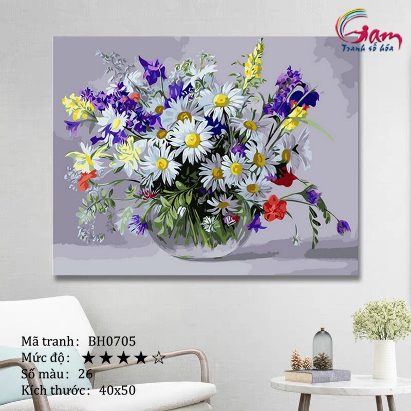 Tranh tự tô màu sơn dầu số hóa DIY các loại hoa - Mã BH0705 Hoa dại đồng nội daisy