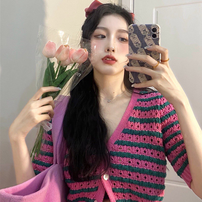 Áo Khoác Cardigan Dệt Kim Kẻ Sọc Màu Hồng Tương Phản Phong Cách Hàn Quốc