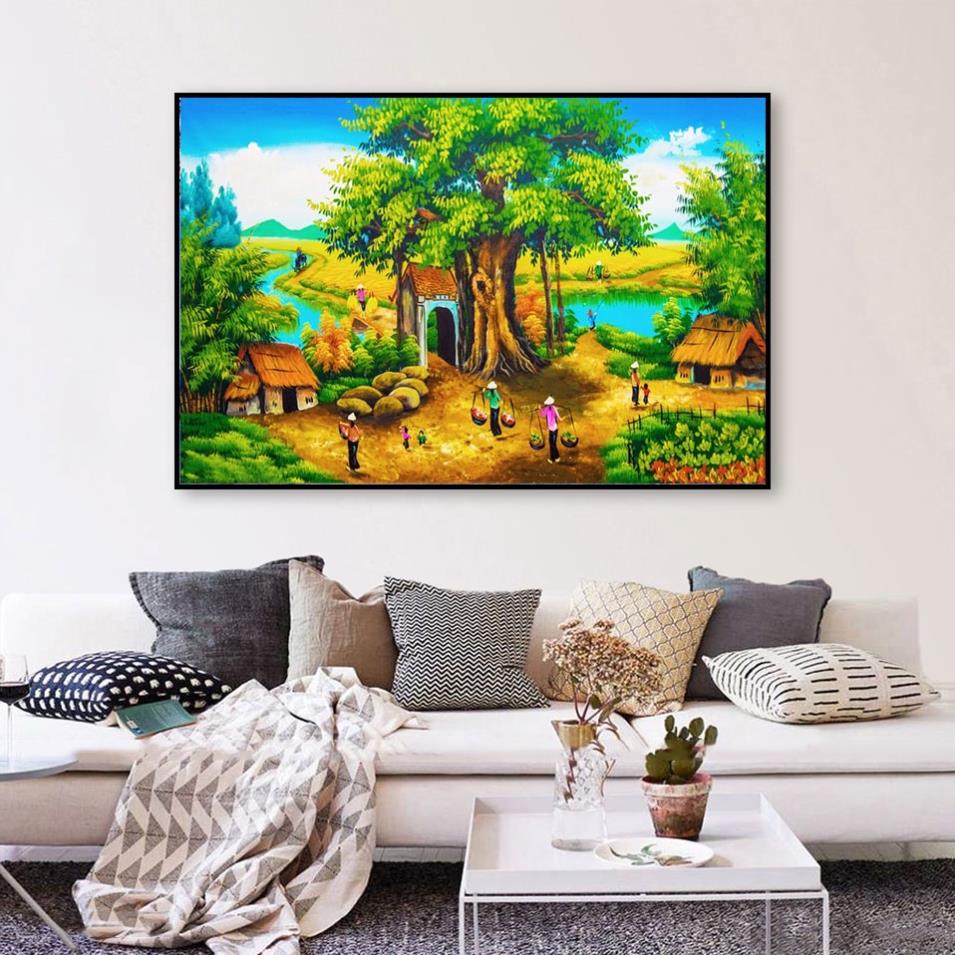 Tranh treo tường đồng quê khổ lớn, tranh trang trí đẹp in UV, tặng đinh treo tường. 1