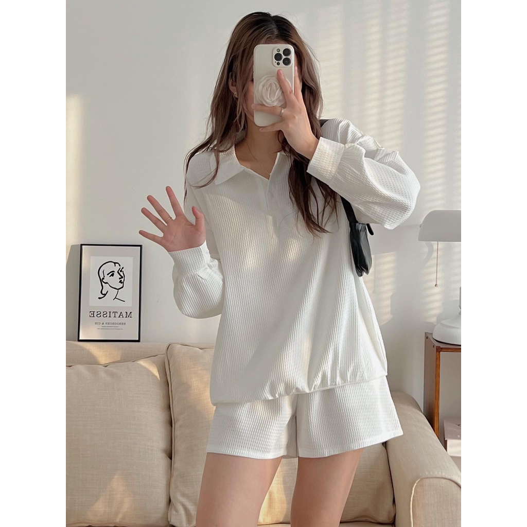 Set áo polo tay dài + quần đùi chất xốp basic không nhăn phong cách Hàn Quốc Kozoda M89