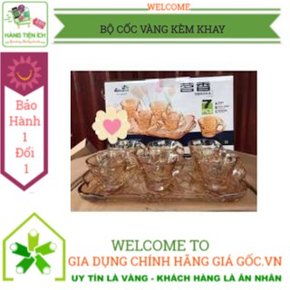 Bộ 6 cốc thủy tinh kèm khay màu vàng