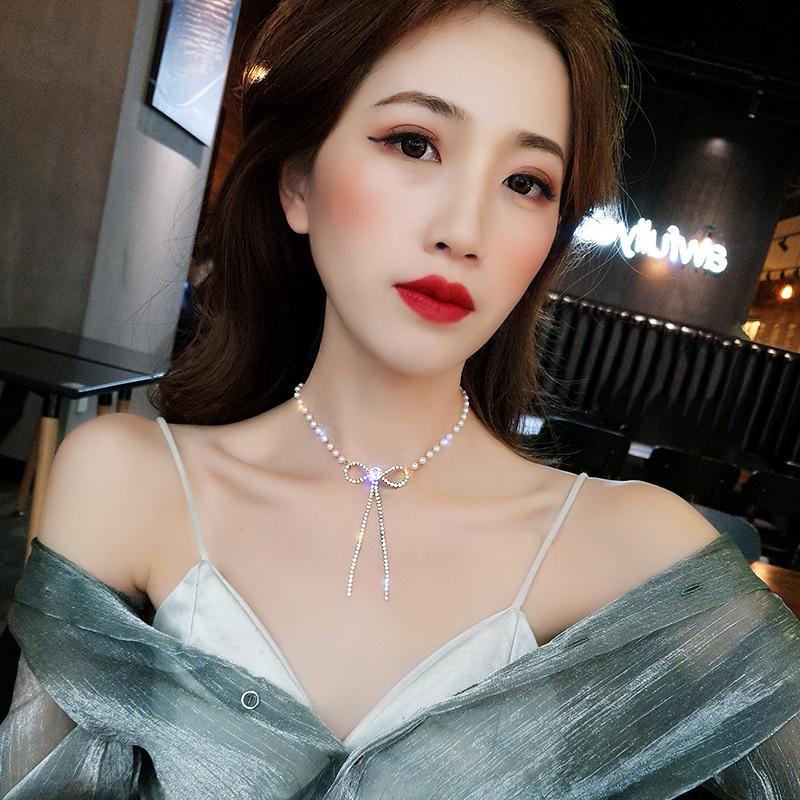 Vòng Cổ Dây Xích Mặt Nơ Đính Kim Cương Nhân Tạo Tinh Tế Thời Trang Hàn Quốc