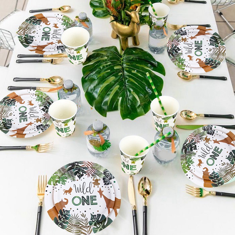 Bộ Dụng Cụ Bàn Ăn Và Cốc Giấy Dùng Một Lần Trang Trí Tiệc Sinh Nhật In Hình Rừng Cây Cho Trẻ Em 1 Tuổi