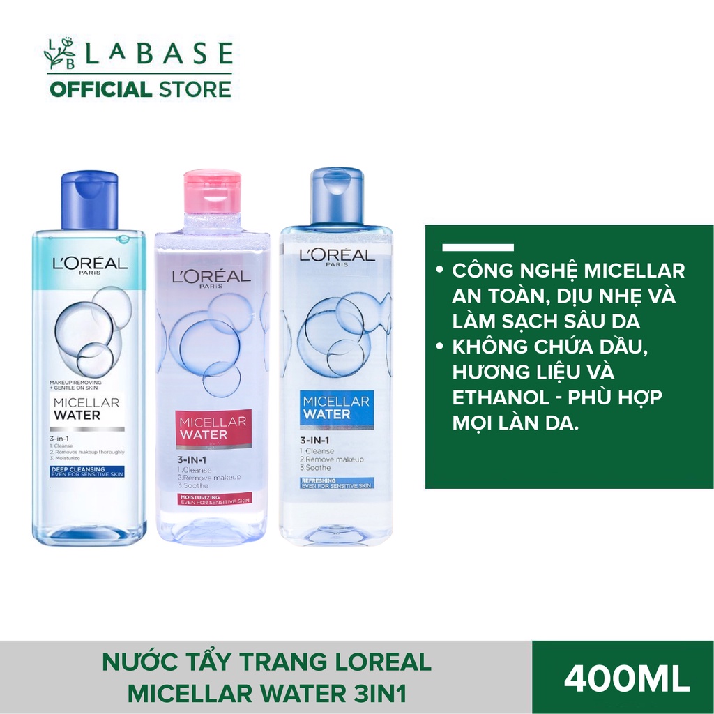 Nước tẩy trang Loreal Micellar Water 3in1 chai 400ml