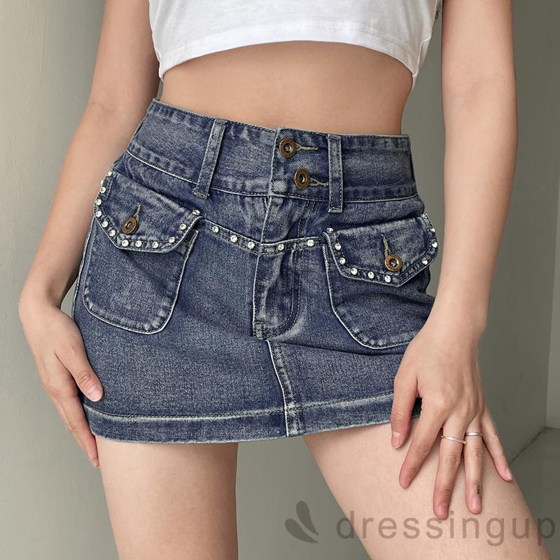 DRE-Women´s Mini Denim Skirts, Fashion Rhinestone High Waist Flap Pocket Short Jean Skirts