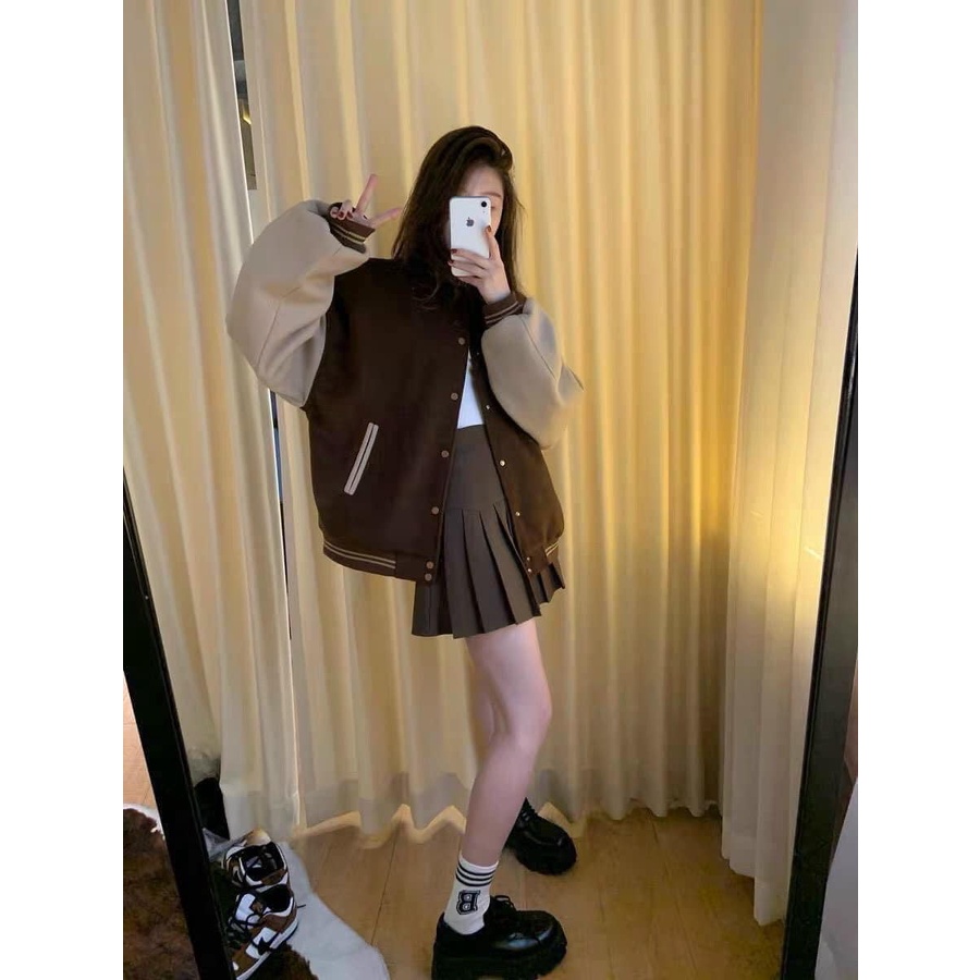 áo khoác bomber nỉ dạ phối tay da họa tiết lửa form dáng rộng unisex nam nữ mặc được màu be phong cách hàn quốc