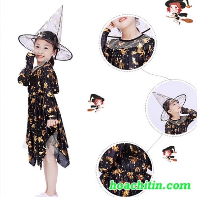 Set váy phù thuỷ nhũ vàng hóa trang halloween cho bé gái tặng kèm nón