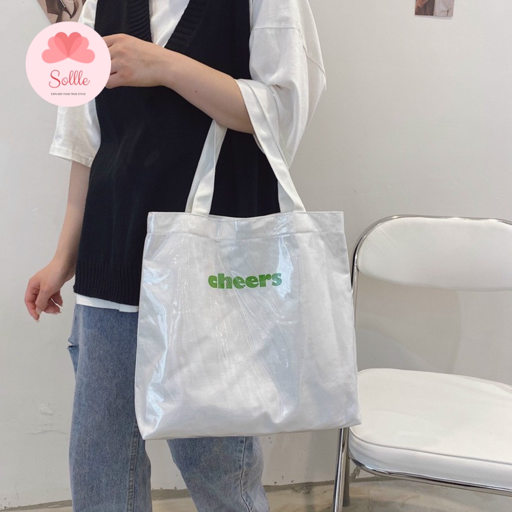 Túi tote vải canvas đeo vai bóng kính chống nước có cúc bấm ulzzang Hàn quốc Sollle