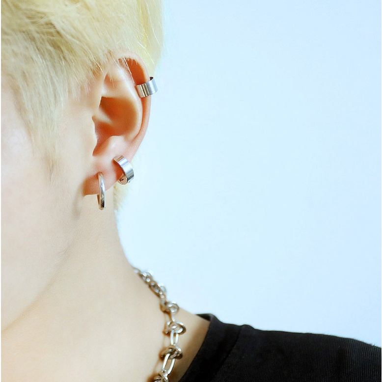 Set 3 Chiếc Bông Tai Nam Nữ Kẹp Vành Unisex Ko Cần Bấm Lỗ Tai Titan Ko Đen TT 3910