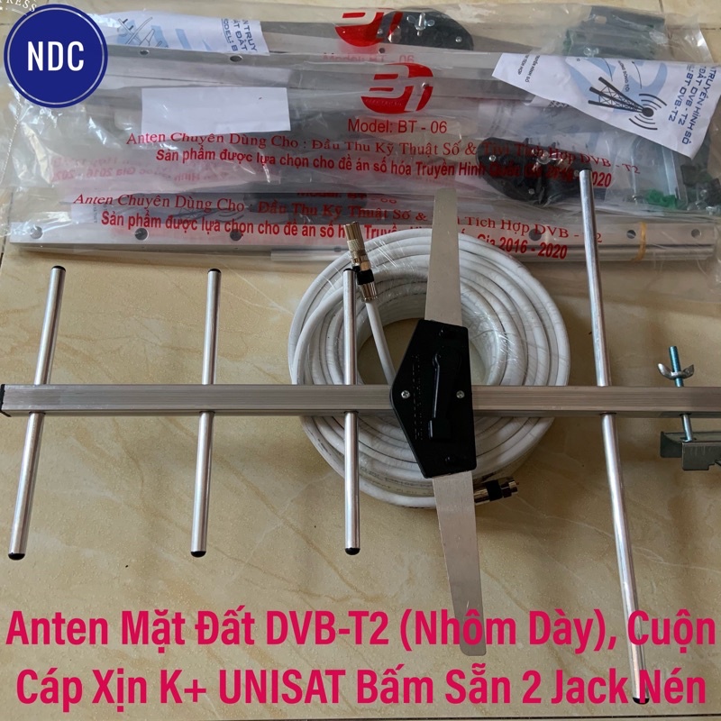  Anten Mặt Đất DVB-T2 (Nhôm Dày), Cuộn Cáp Xịn K+ UNISAT Bấm Sẵn 2 Jack Nén 