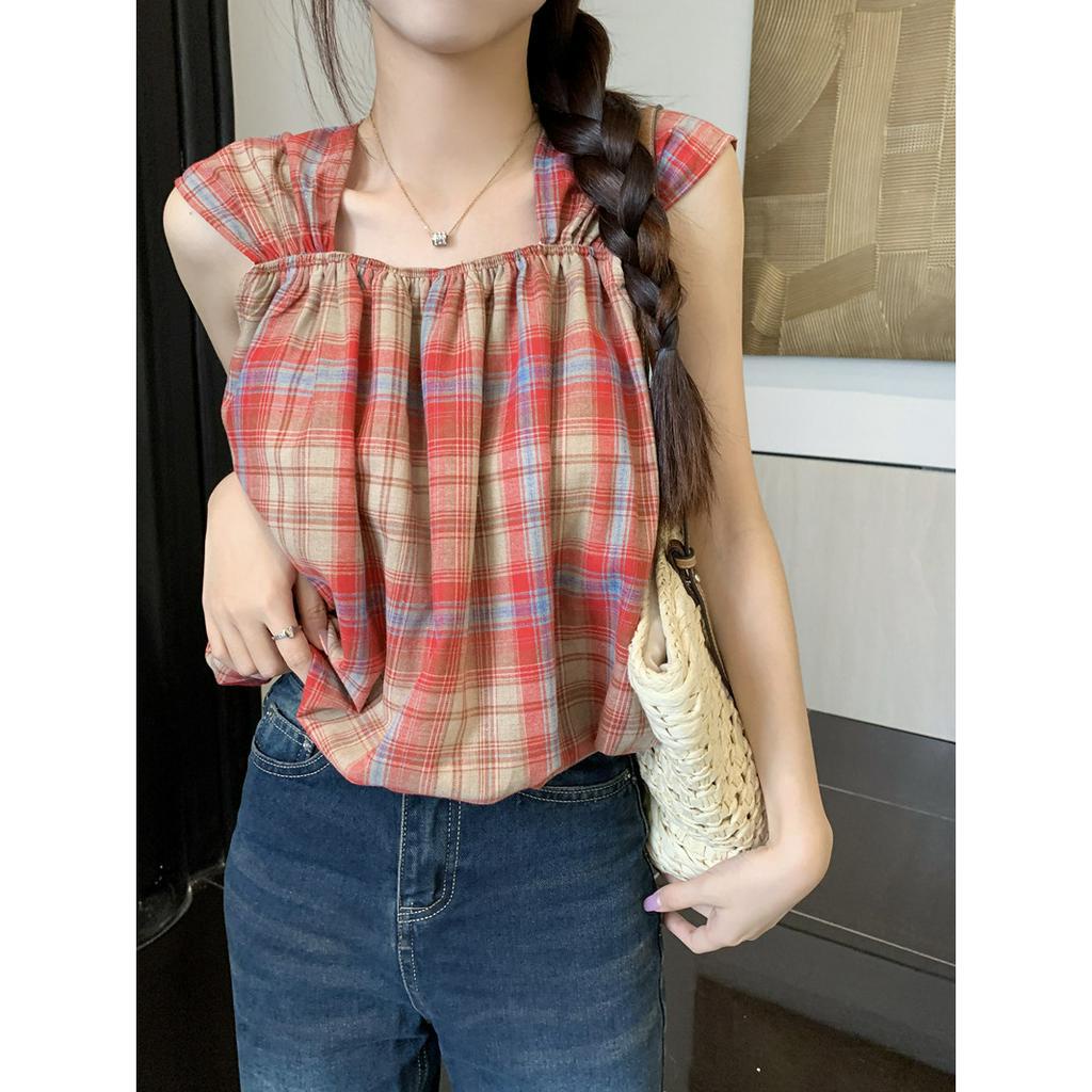 Porozi Áo croptop Hai Dây Cổ Vuông Họa Tiết Sọc Caro Đơn Giản Thời Trang
