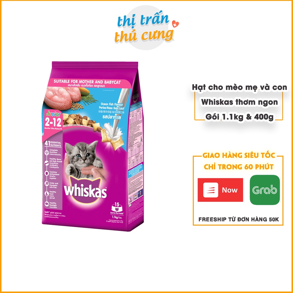 WHISKAS Thức ăn cho mèo con và mèo mẹ Whiskas dạng hạt vị cá biển với sữa 1.1kg (1 túi)