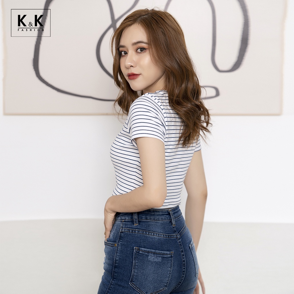 Áo Thun Croptop Họa Tiết Kẻ Ngang K&K Fashion ASM06-38 Chất Thun Cotton