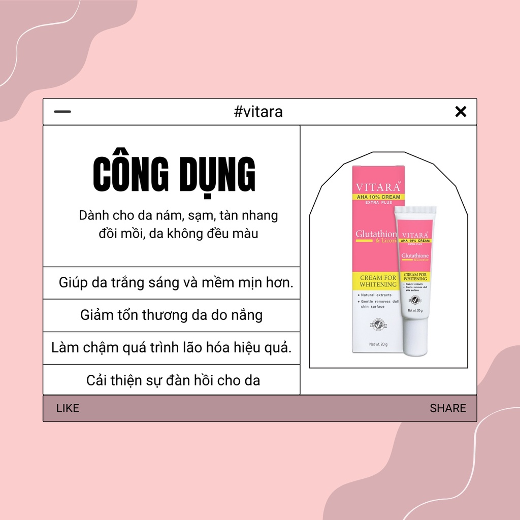 Kem dưỡng trắng da Vitara AHA 10% Cream Extra Plus cho da không đều màu có Glutathoine giúp da trắng sáng, mềm mịn 20g