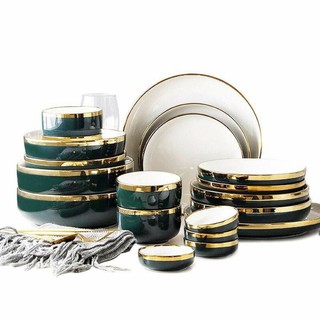 (hàng có sẵn )bộ chén bát đĩa ăn xanh lòng trắng cao cấp 32 món