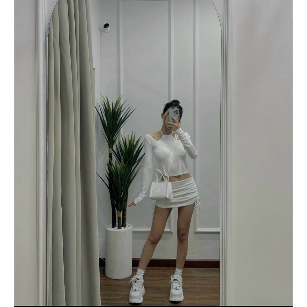 Áo trễ vai tay dài - trễ vai croptop dây yếm thun gân BARE - AO056